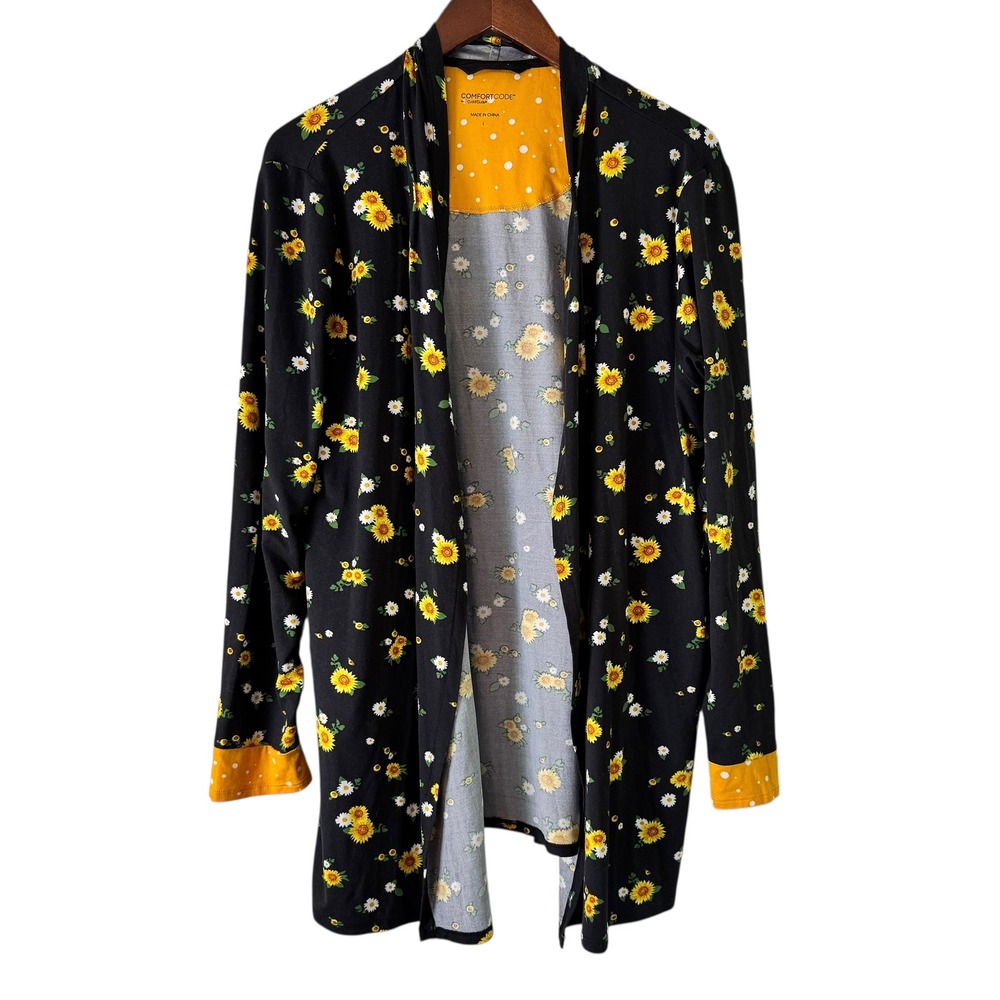 Comfort Code Floral Print Cardigan Open Front Lightweight Sunflower‎ Black L